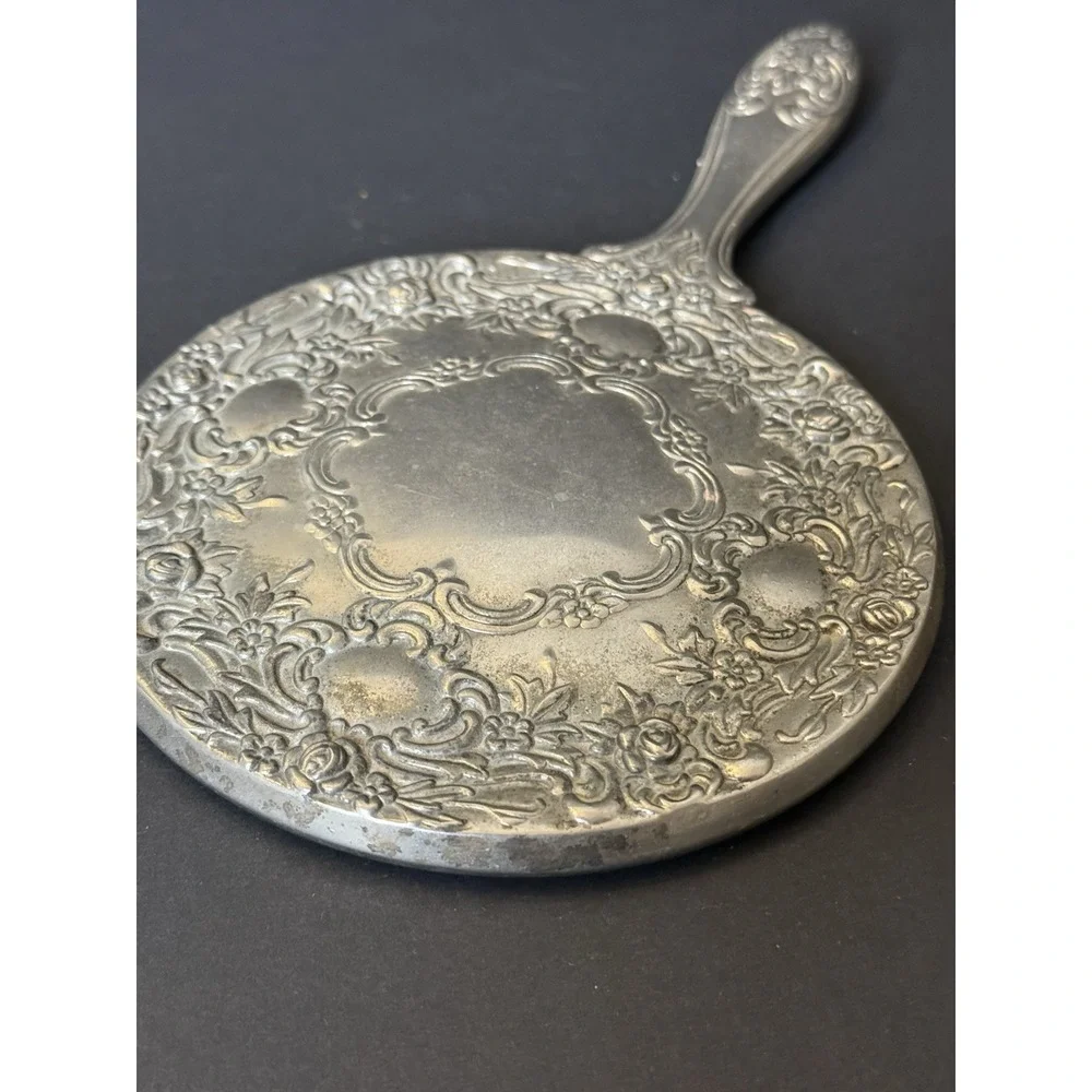 Vintage Vanity Set of 3 Repousse Floral Silver Tone Mirror, Brush & Comb EUC